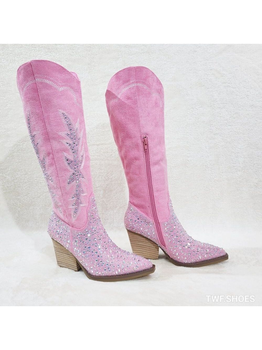 Anniston Baby Pink / Rhinestones Glamour Country Western Cowgirl Knee Boots - Picture 8 of 17
